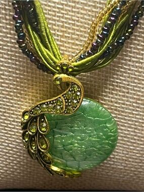Green Peacock boho Multi-Strand Beaded Necklace with Pendant